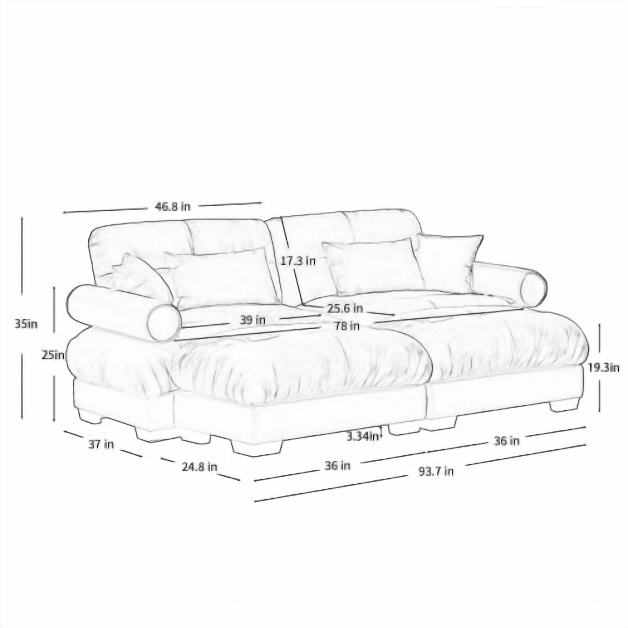 93" Modern Oversized Cream Velvet 2-Seater Sofa with Ottoman, Round Bolster Armrests, Waist Pillow & Throw Pillows, Cloud-Like Modular Couch for Reading Room, Loft & Bedroom