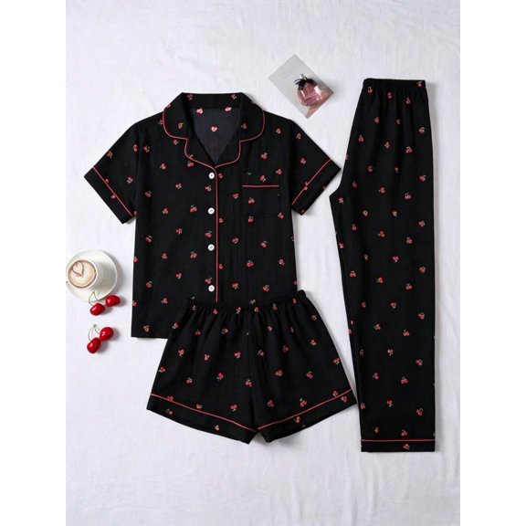 Black Cherry Print 3-Piece Womens Pajama Set: Button-Up Top, Shorts & Long Pants