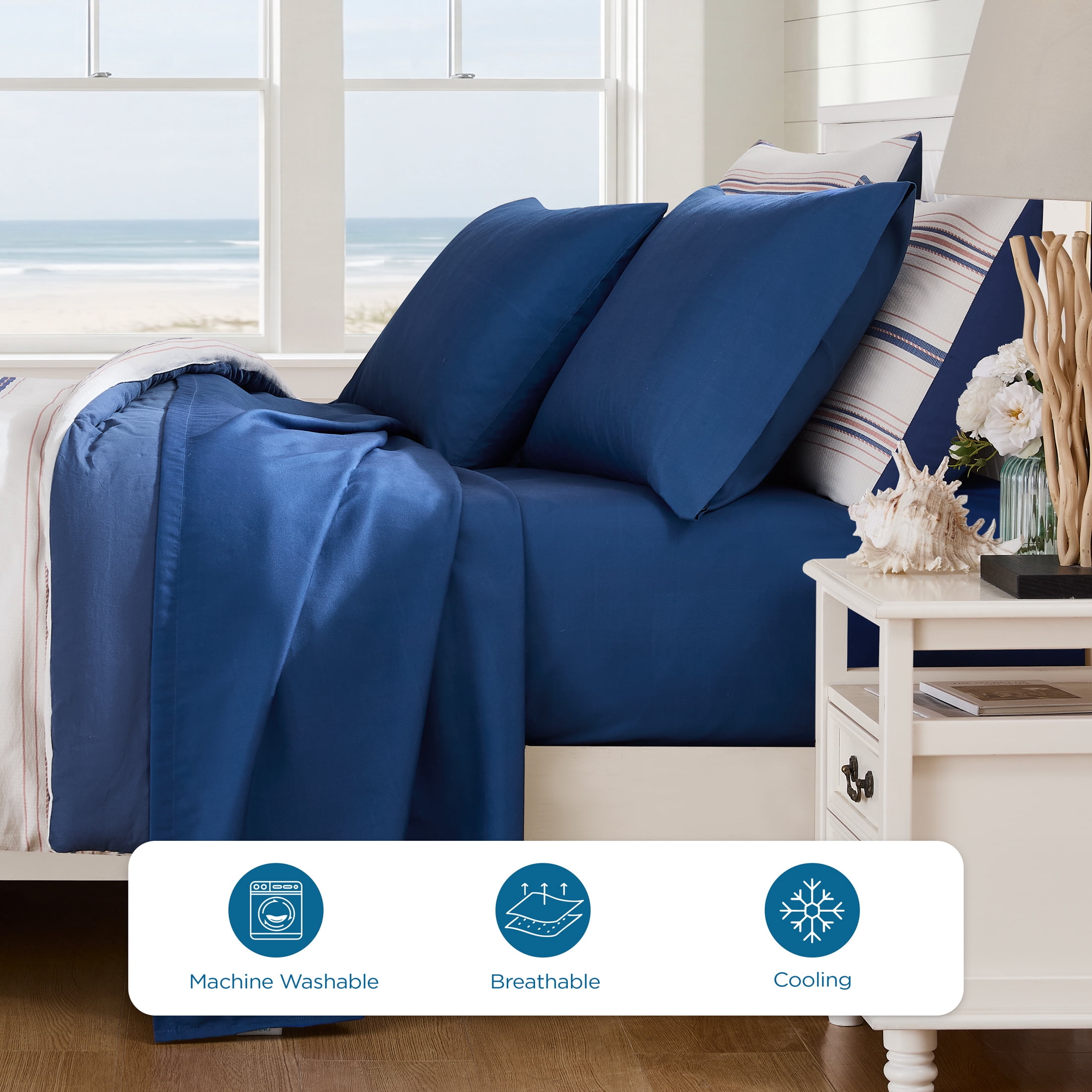 Coastal Living 4-Piece Blue Soft Brushed Microfiber Luxury Cooling Sheet Set, Queen