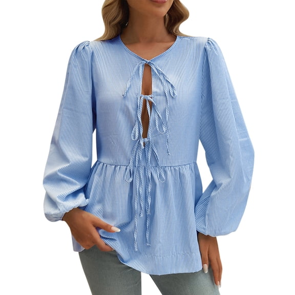 yunLCZ Women's Button Down Shirts Tie Front Tops For Women Long Puff Sleeve Striped Peplum Tops Cute Casual Blouse Shirts Women's Button Down Shirts