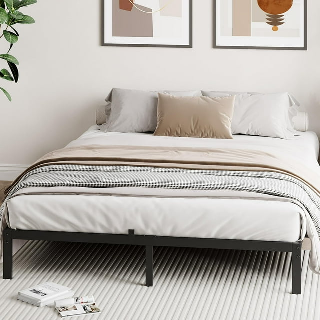 Yiwa Low-Profile Metal Platform Bed Frame, Black Finish, Underbed Storage, Noise-Free, No Box Spring Required
