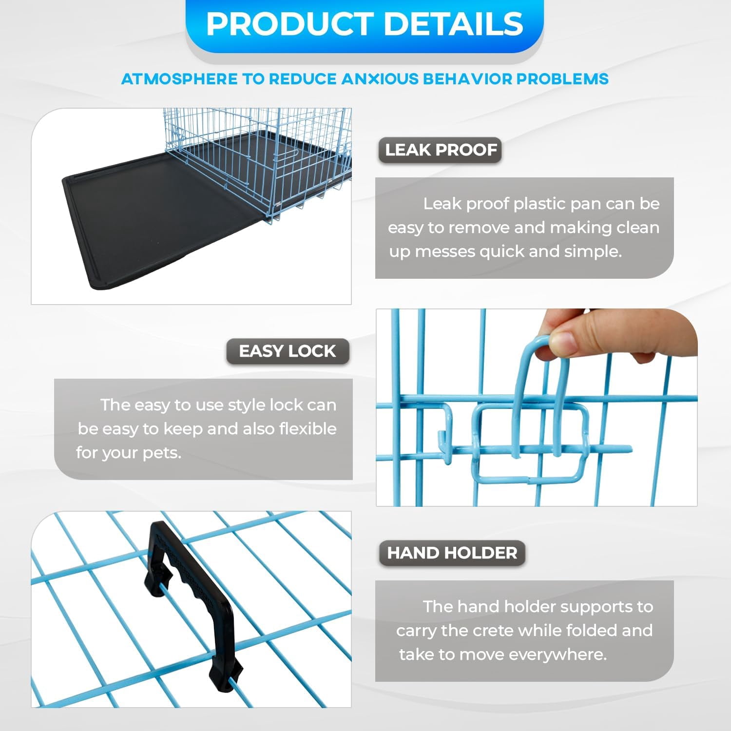 FDW 24 inch Foldable Metal Dog Crate for Small Dogs, Double Door, Divider, Removable Tray(Blue)