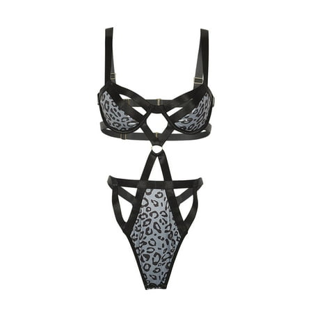 

Odeerbi Sexy Lingerie Bodysuit for Women Sheer Lingerie Three Piece Underwear Hollow Mesh Splice Set Black