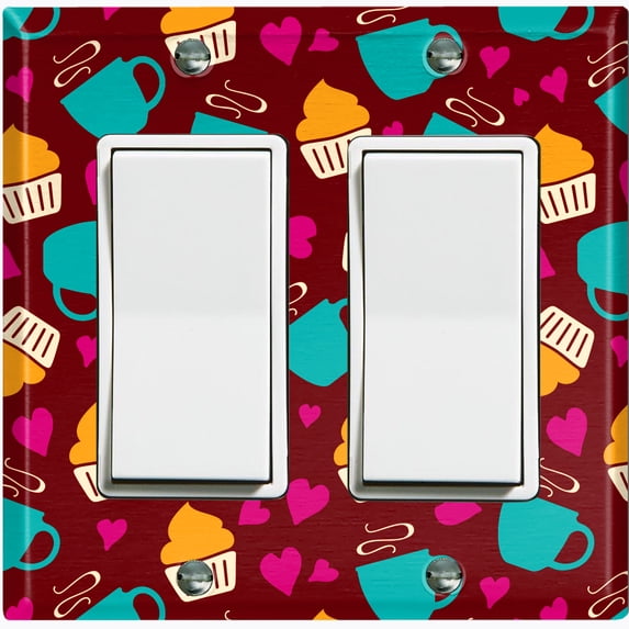 Metal Light Switch Wall Plate Outlet Cover (Coffee Espresso Mocha Cup Heart Cupcake Pattern Maroon - Double Rocker)
