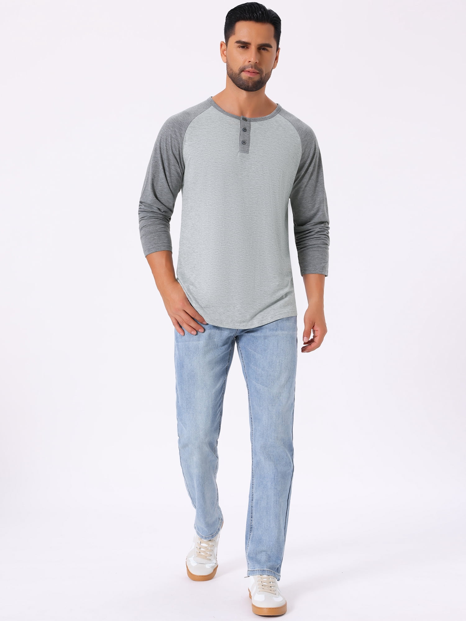 DARING DIVA Men's Raglan Long Sleeve Tee Shirt Baseball Henley T-Shirts L Gray