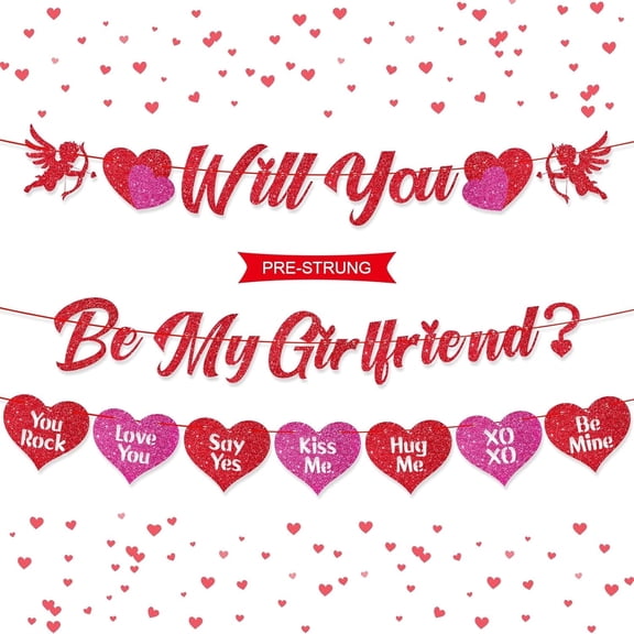 Wowhub Pre-Strung Glitter Will You Be My Girlfriend Banner for Valentine's Day