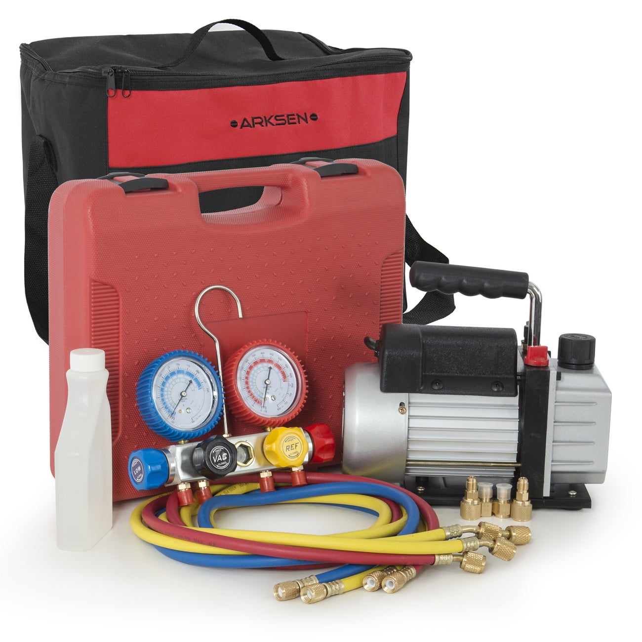 ARKSEN 4Way Manifold Gauge HVAC Valve w/ 4CFM Vacuum Pump Bag Carry