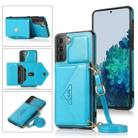 Nalacover Wallet Case for Samsung Galaxy S21 FE,Luxury PU Leather + Soft TPU Magnetic Clasp Flip Credit Card Slots Kickstand Back Cover with Detachable Crossbody Lanyard Strap.Blue
