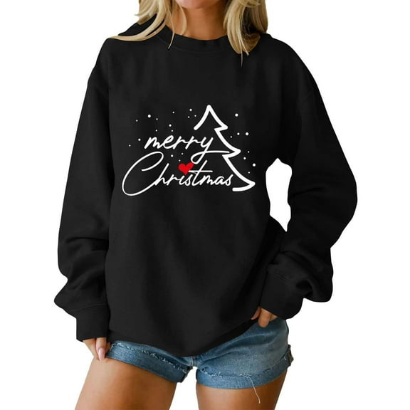 Lopecy-Sta Crew Neck Sweatshirts Women Merry Christmas Graphic Sweatshirt Christmas Crewneck Long Sleeve Xmas Holiday Pullover Tops