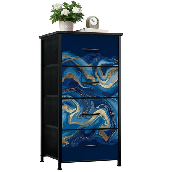 Boho Dresser for Bedroom with 4 Storage Drawers Marble blue abstract Liquid indigo marbled texture Dressers Chest of Drawers Steel Framed Fabric Closet Organizers for Entryway