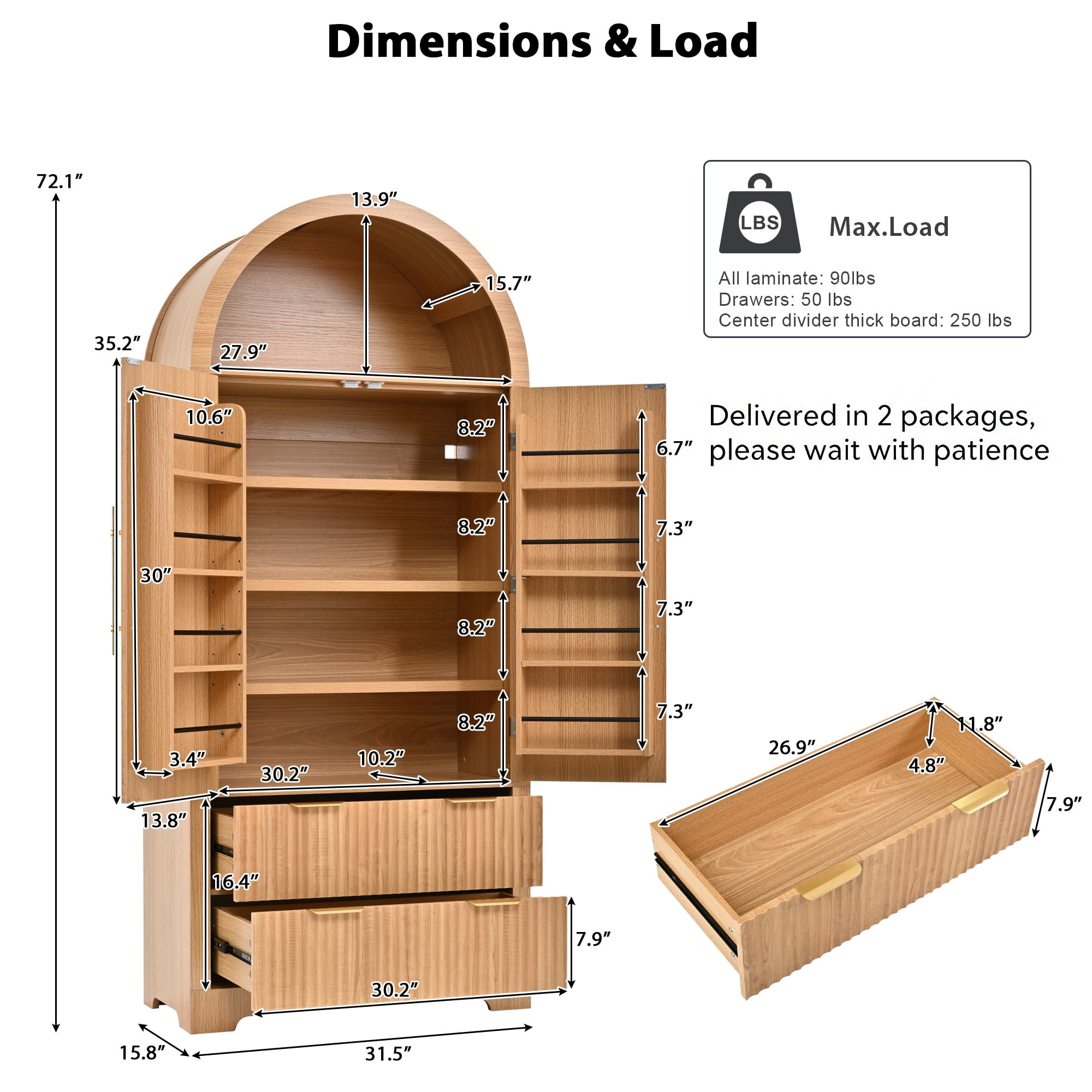 Aukfa Tall Arched Pantry Cabinet with Fluted Doors, Drawers & Adjustable Shelves for Kitchen Dining Room Storage,Natural