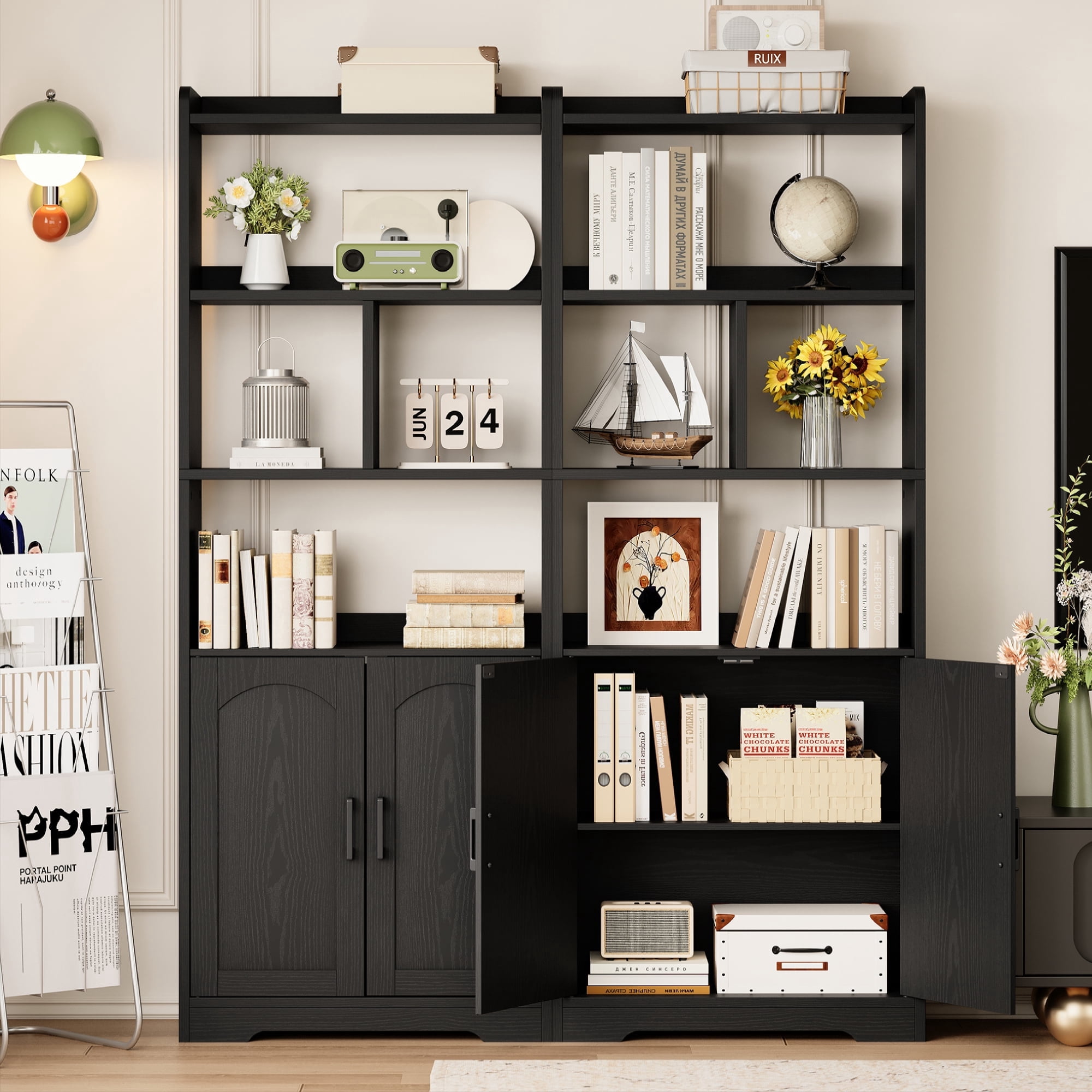 LIKIMIO Freestanding 63" Tall Bookcase, Wood Display Storage Cabinet with Closed Doors & Open Shelves for Living Room, Home Office & Bedroom, Black