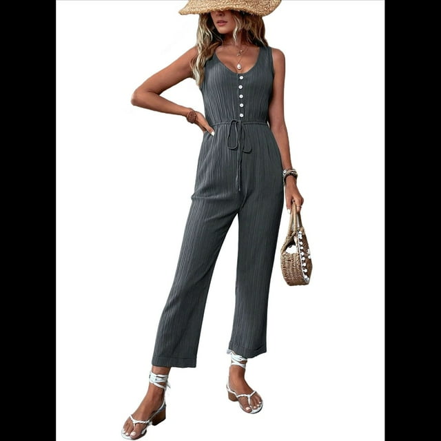 Elegantes de Verano para Mujer, Sin Mangas, con Cuello en U, Informales, de Pierna y Pantalones Largos 2025, Gris Oscuro, Talla S