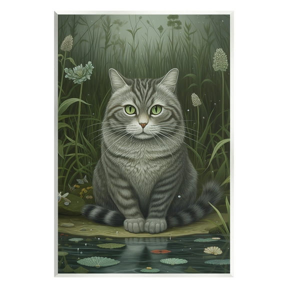 Stupell Industries Cat & Pond Lilies Animals & Insects Painting Unframed Art Print Wall Art, 10 x 15