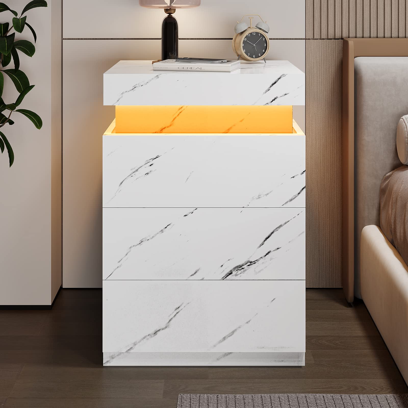 Modern LED Nightstand with 3 Drawers , White Nightstand Bedside Table Storage with Drawer Charging Station for Bedroom,USB Port,Smart Night Table with Sliding Top,2Pcs