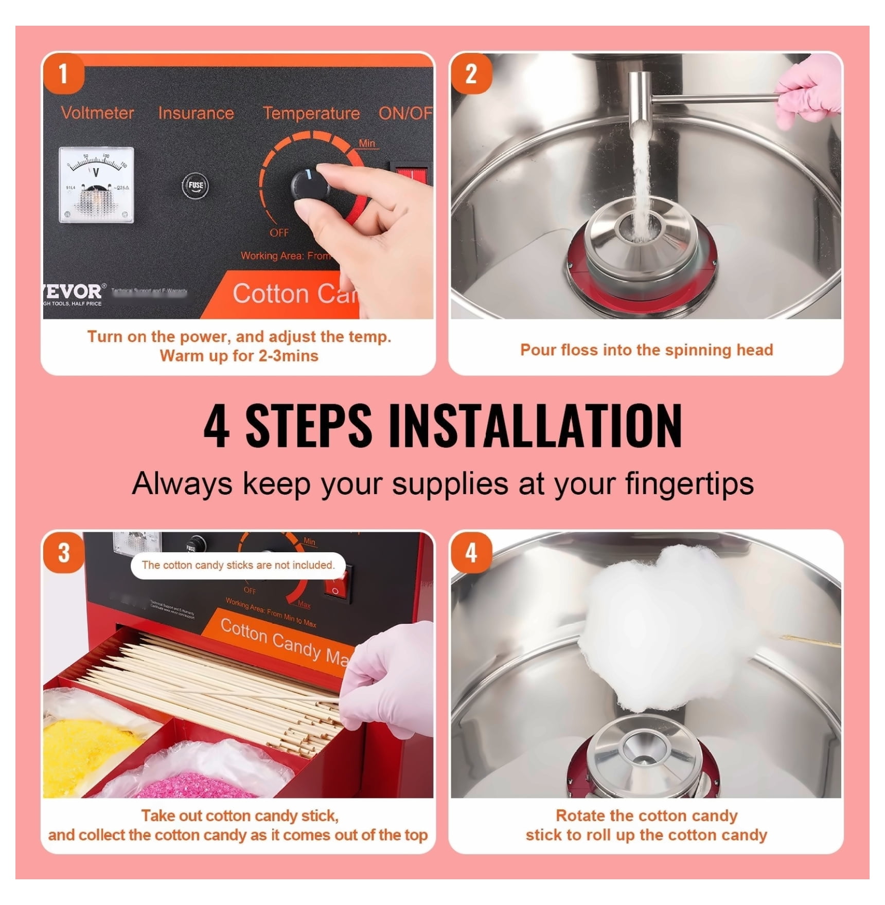 Cotton Candy Machine 1000W, Commercial Candy Floss Maker with Bowl, Red - for Parties, Kids, Home Use, Includes Scoop & Drawer