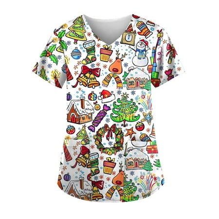 

EHTMSAK Womens Woman Scrubs T Shirt Short Sleeve Fall V Neck Christmas Design Working Nurses Uniform Classic Fit Scrub Top with Pockets White L