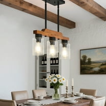 3-Light Farmhouse Pendant Light with Seeded Glass, Adjustable Height Kitchen Island Lighting, Rustic Wood Chandelier for Dining Room