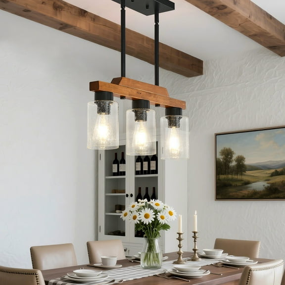 3-Light Farmhouse Pendant Light with Seeded Glass, Adjustable Height Kitchen Island Lighting, Rustic Wood Chandelier for Dining Room