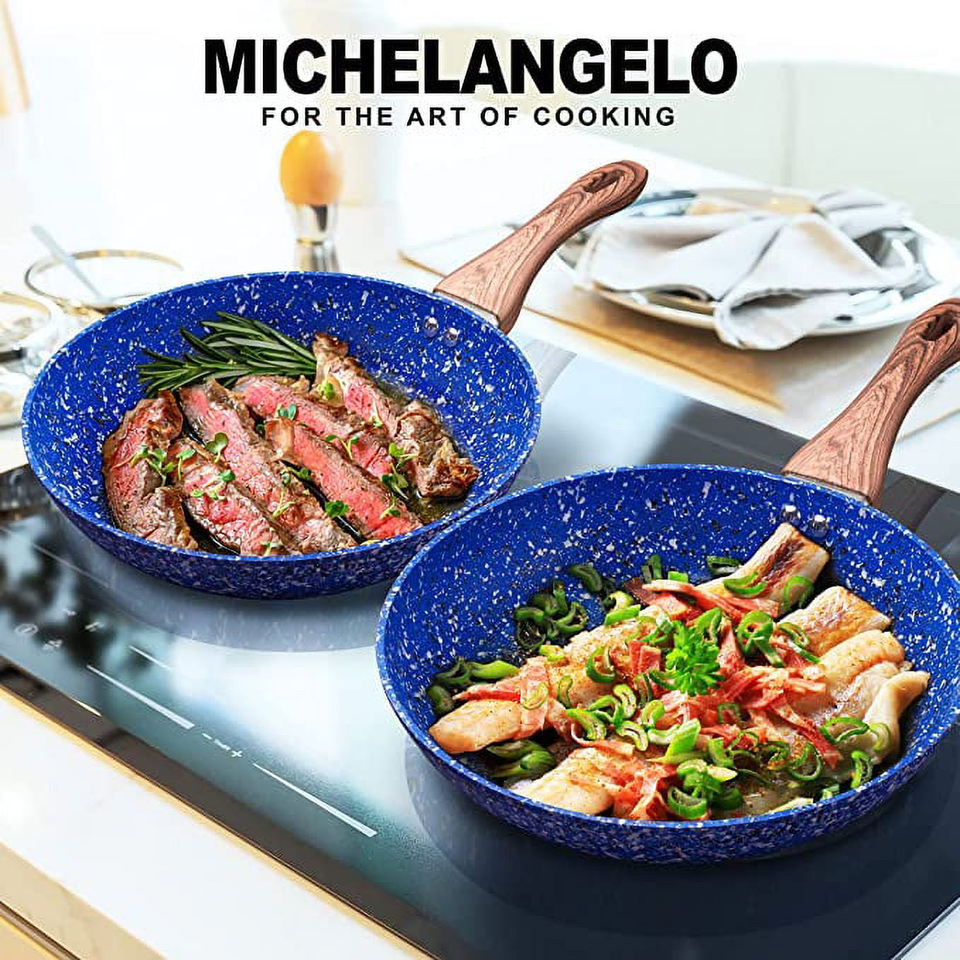 MICHELANGELO 10 Inch Frying Pan with Lid, Blue Frying Pan Nonstick