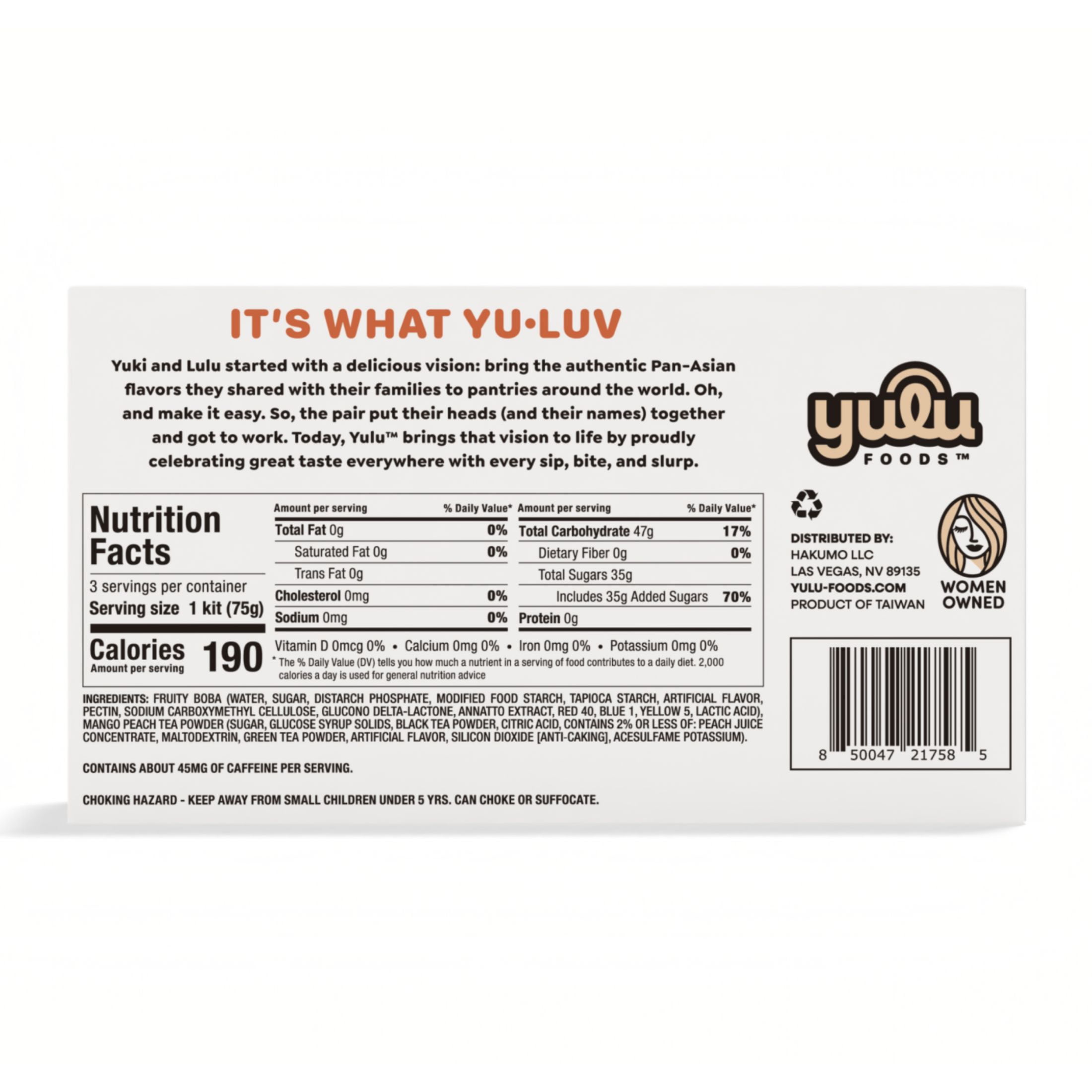 Yulu Foods Instant Boba Mango Peach Tea, Bubble Tea Kit, 3 Drinks