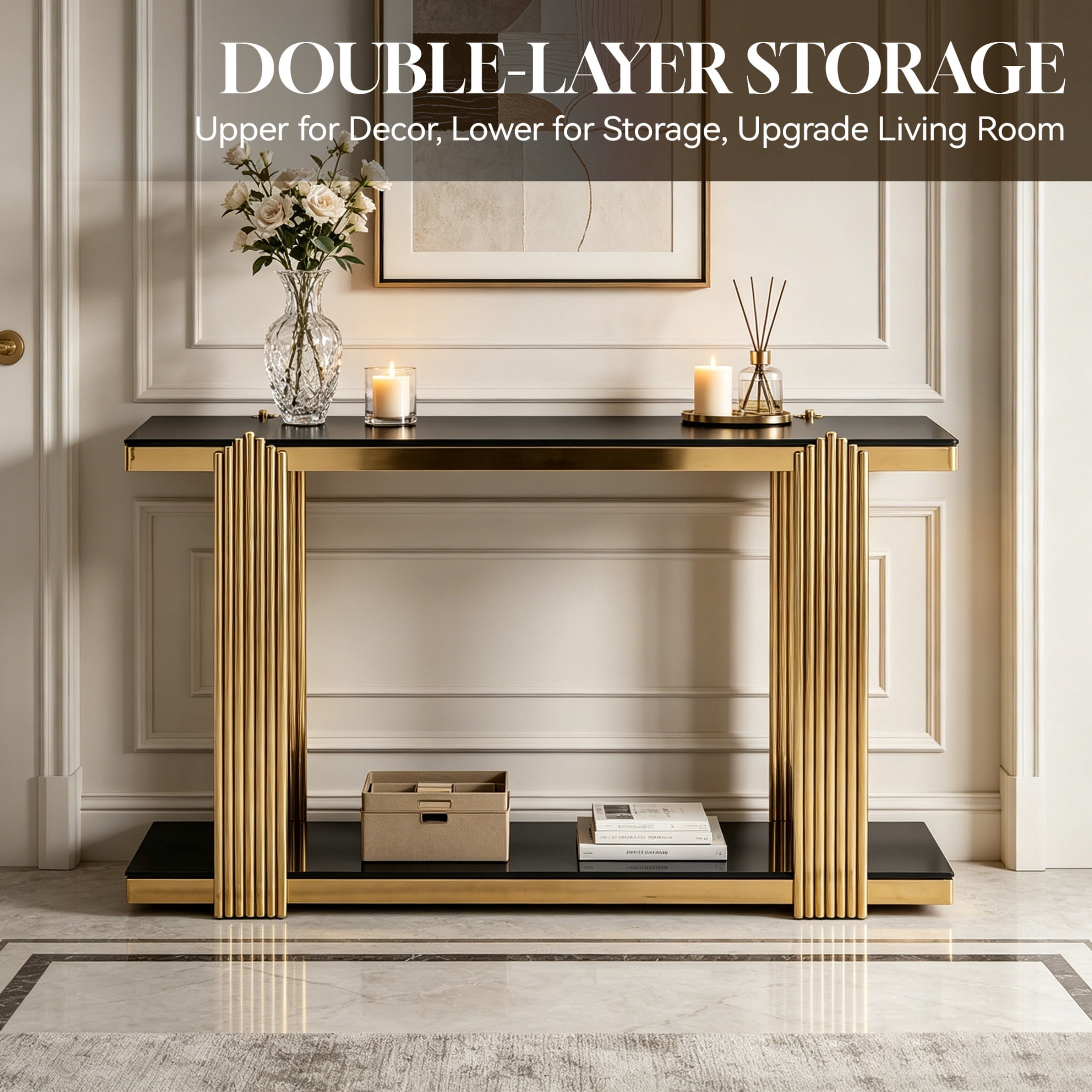 2-Tier Storage Tempered Glass Shelf Console Table, Two-Tone Entryway Display Table, Accent Mirrored Sofa Table for Living Room/Hotel