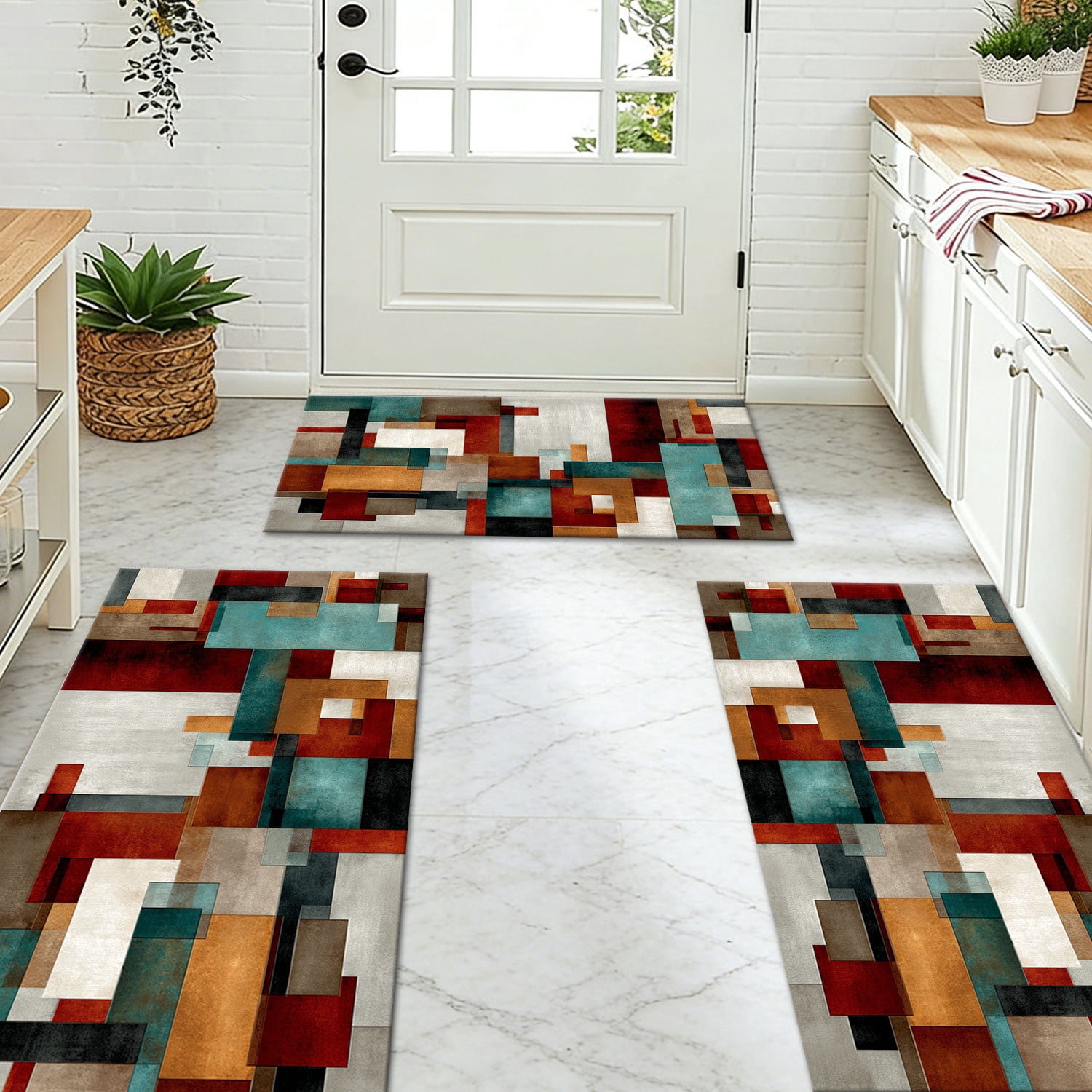 3 Piece Kitchen Rug Set, Abstract Pattern Kitchen Hallway Rug, Soft And Comfortable, Suitable For Sinks, Floors, Entrances, Hallways And Bathrooms