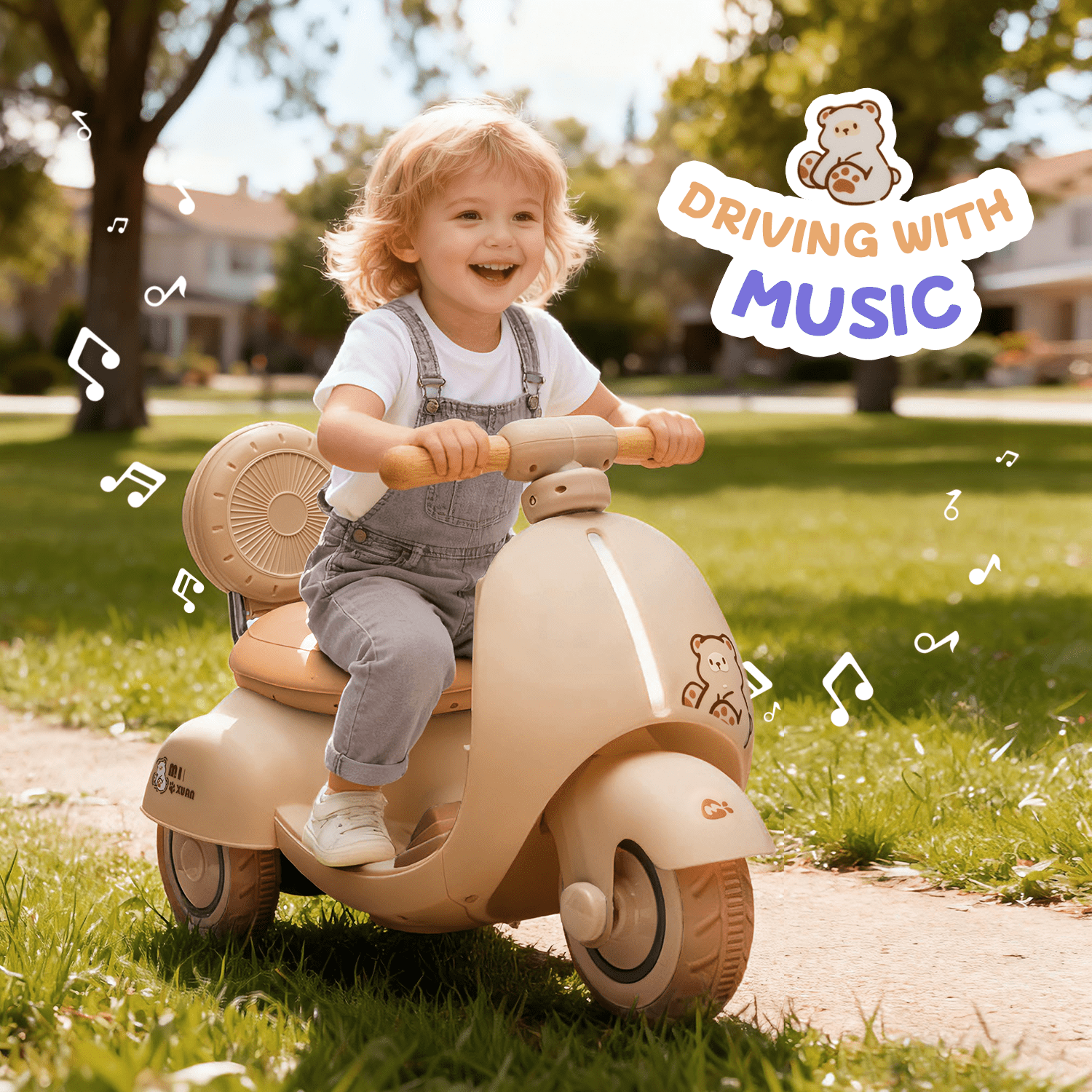 Track Seven 12V Ride on Motorcycle, 3-Wheel Toddler Electrc Scooter with Remote Control, Bluetooth, Wide Seat, Wooden Handle, Slow Start, Electric Motorycle for Boys Girls Aged 1-3 Years, Beige
