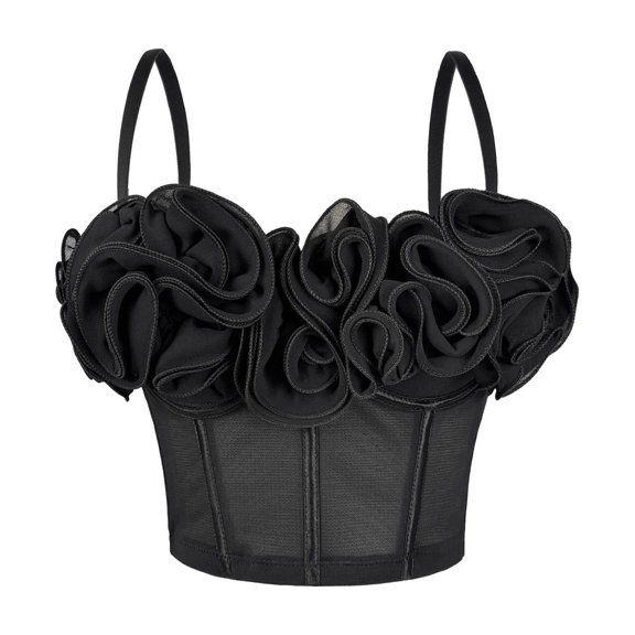 Women's 3D Floral Strapless Mesh Fishbone Corset, Breathable Inner Outer Bustier Camisole Tank Top Waist Shaping Shapewear Black S