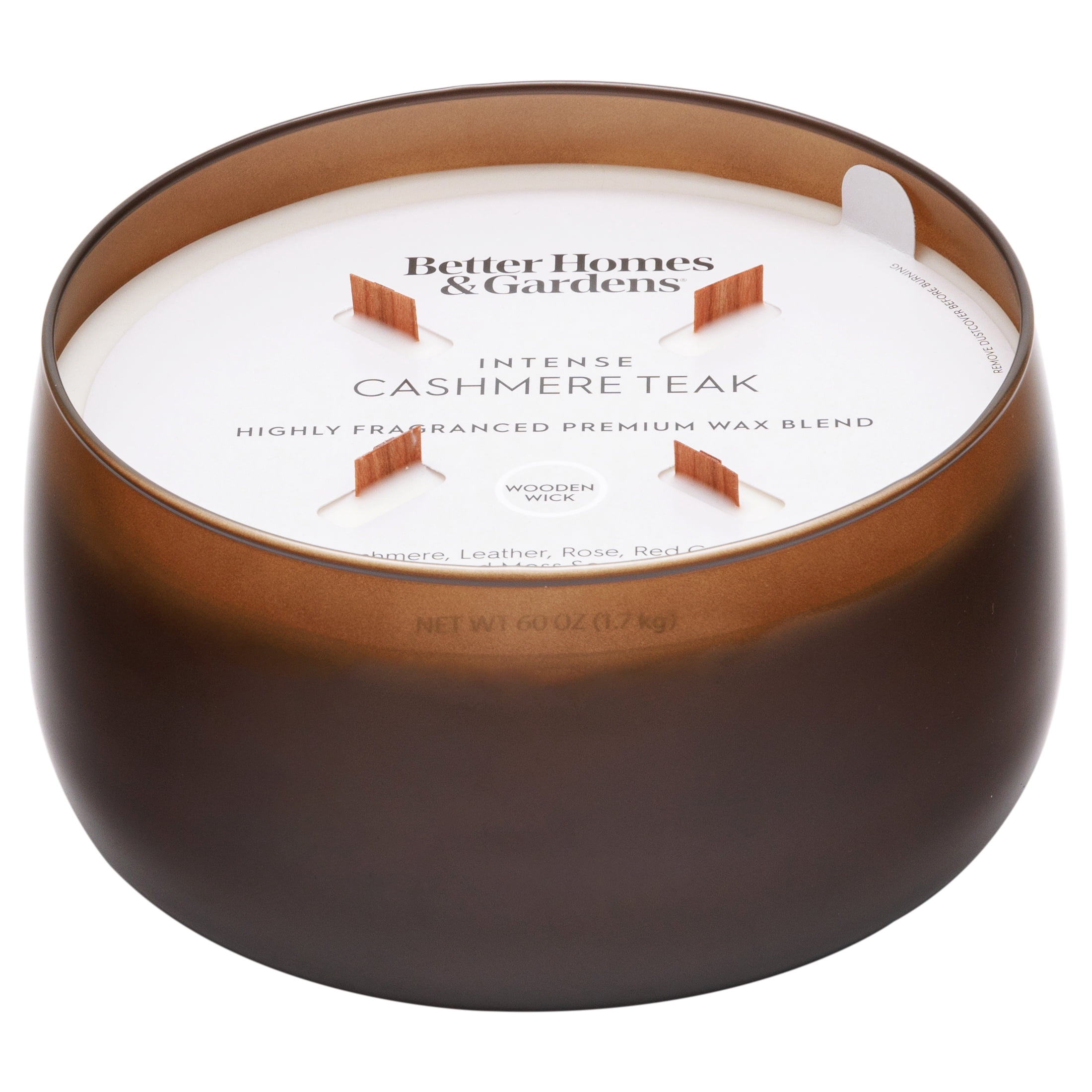 Better Homes & Gardens Intense Cashmere Teak Scented Wooden 4-Wick Glass Jar Candle 60oz.