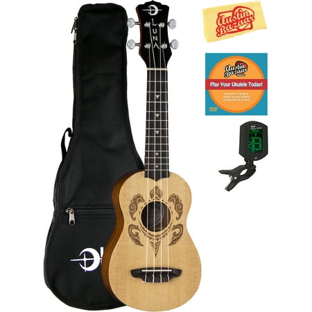 Luna Honu Tribal Turtle Spruce Soprano Ukulele Bundle with Gig Bag, Tuner, Austin Bazaar Instructional DVD, and Polishing Cloth