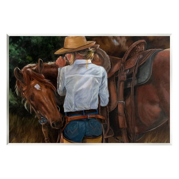 Stupell Industries Cowgirl Tending to Horse Animals & Insects Painting Unframed Art Print Wall Art, 15 x 10