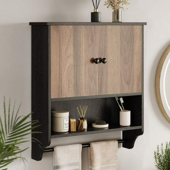 Bathroom Wall Cabinets, Medicine Cabinet with Open Partition and Towel Bar for Bathroom, Living Room, Kitchen, Black & Walnut