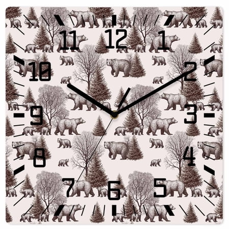Brown Bear Wooden Wall Clock Silent Non Ticking, Hunting Bear Forest Wildlife Animals Vintage Square Wall Clocks Battery Operated, Decor Clock for Home Office, Living Room, Kitchen, 10 Inch