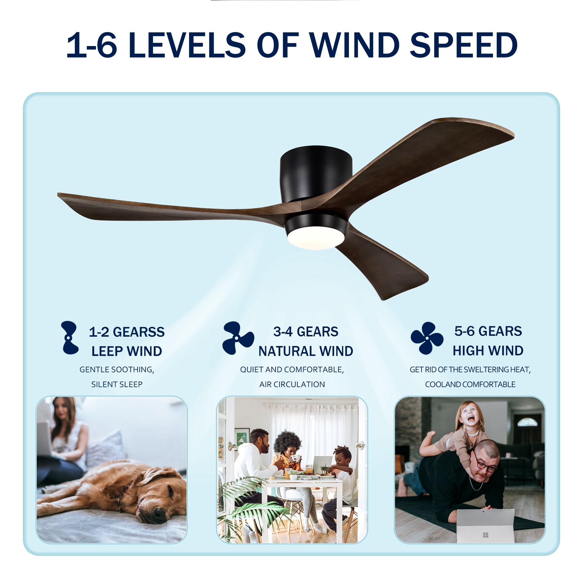 Leumius 52" Flush Mount Solid Wood Blades Ceiling Fan with Light and Remote Control,Quiet DC Motor 6 Speed Levels,Reversible for Patio Living Room Bedroom Office Black
