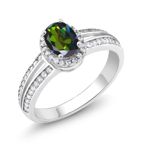 Gem Stone King 925 Sterling Silver Tourmaline Green Mystic Topaz Engagement Ring for Women | 1.40 Cttw | Oval 7X5MM | Gemstone November Birthstone | Size 7