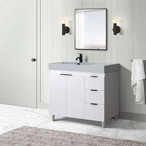 39 in. Single Sink Vanity in White with Light Gray Composite Granite  Top