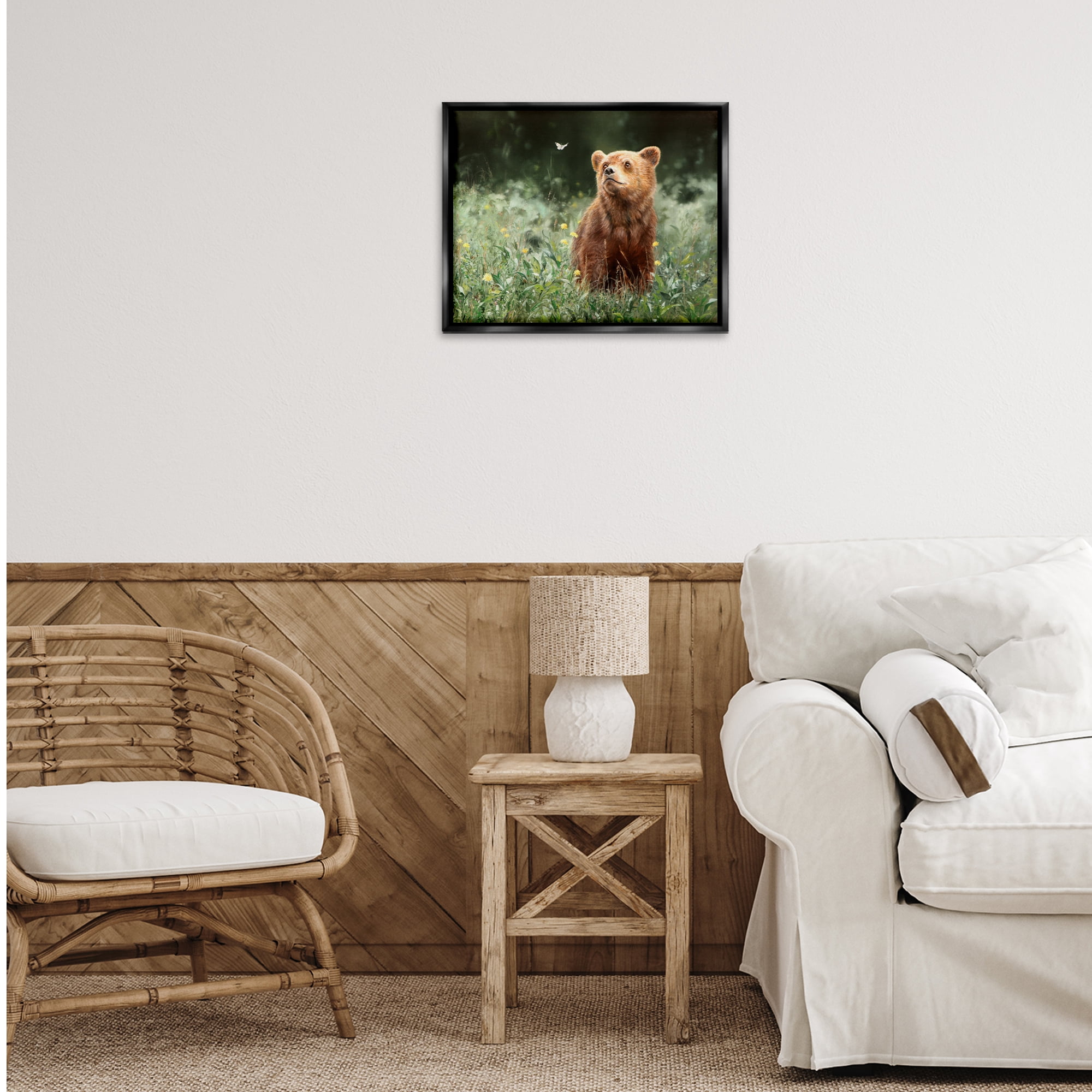 Stupell Industries Baby Bear & Butterfly Animals Painting Black Floater Framed Canvas Art Print Wall Art, 21 x 17