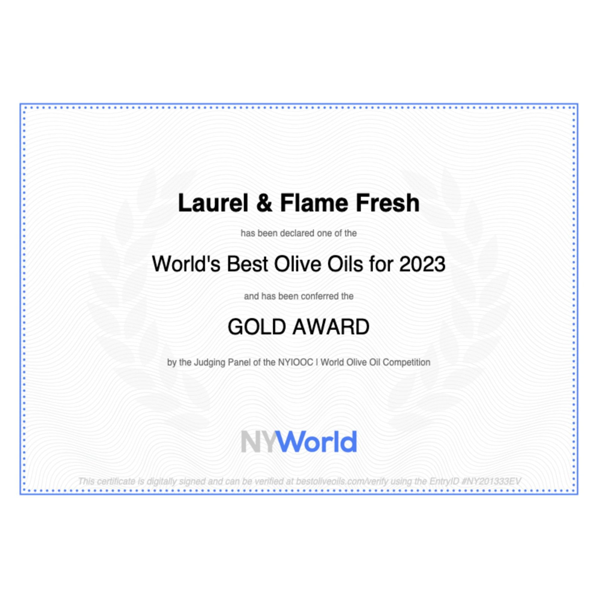 Laurel & Flame Fresh Organic, Top Polyphenols, Extra Virgin Olive Oil, Raw & Unprocessed, 500 ml
