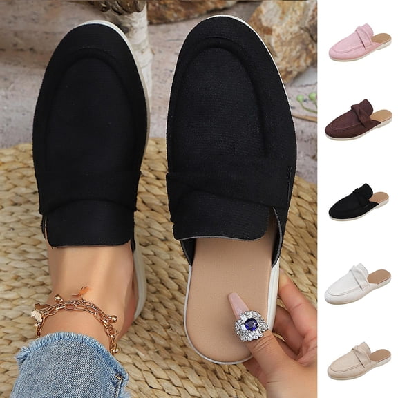Miqool Women's Embnic Style Mule Flats Round Toe Closed Toe Backless Slip On Comfortable Casual Flat Shoes