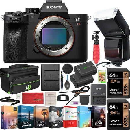 Sony a7R IV 61.0MP Full-Frame Mirrorless Interchangeable Lens Camera Body ILCE-7RM4 4K Bundle With 128GB Memory (2 x 64GB Cards), Flash, Extra Battery, Software, Deco Gear Bag & Accessories (9 Items)