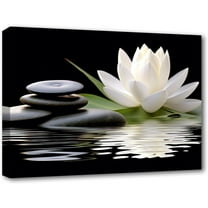 Zen Canvas Wall Art White Lotus and Black Zen Stones Bloom in Water Picture Prints for Yoga Spa Meditation Spiritual Room Bathroom Decor (Zen-1, 12"x18")