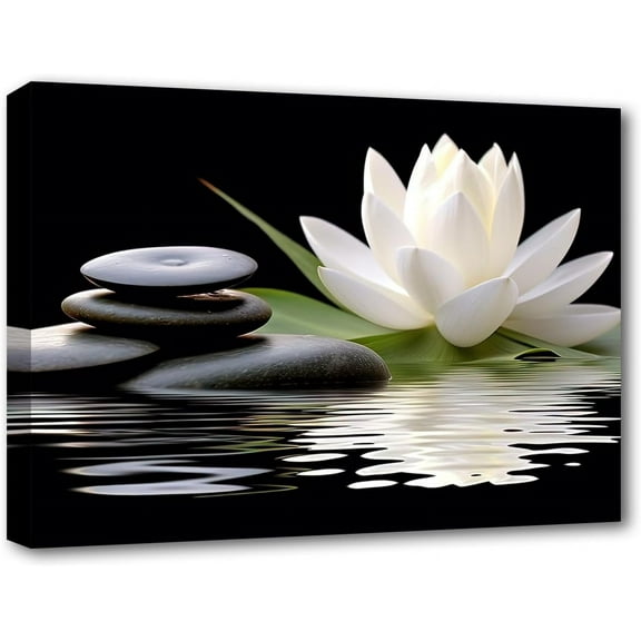 Zen Canvas Wall Art White Lotus and Black Zen Stones Bloom in Water Picture Prints for Yoga Spa Meditation Spiritual Room Bathroom Decor (Zen-1, 12"x18")