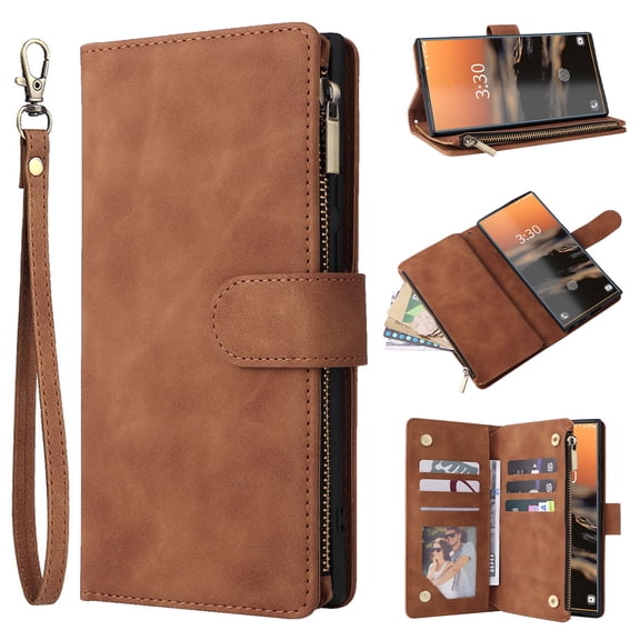 Allytech 2 in 1 Wallet Case for Samsung Galaxy A33 5G, Luxury PU Leather Zipper Wallet Kickstand Cover with Card Slots & Lanyard & Photo Pocket, Magnetic Buttons Buckle Shockproof Case - Brown