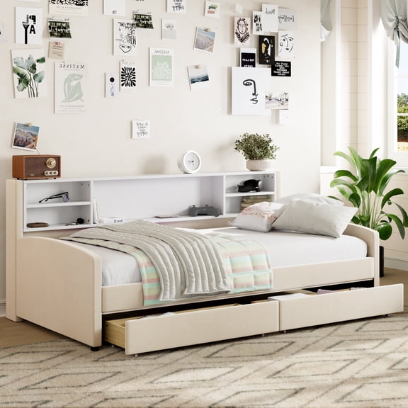 Twin Size Adjustable Bed Base, Twin size Upholstered Platform Bed with Storage and Drawers, Beige, Beige Bed Frames,Velvet Platform Bed Frames, Furniture Bedroom Furniture Beds, Frames & Bases