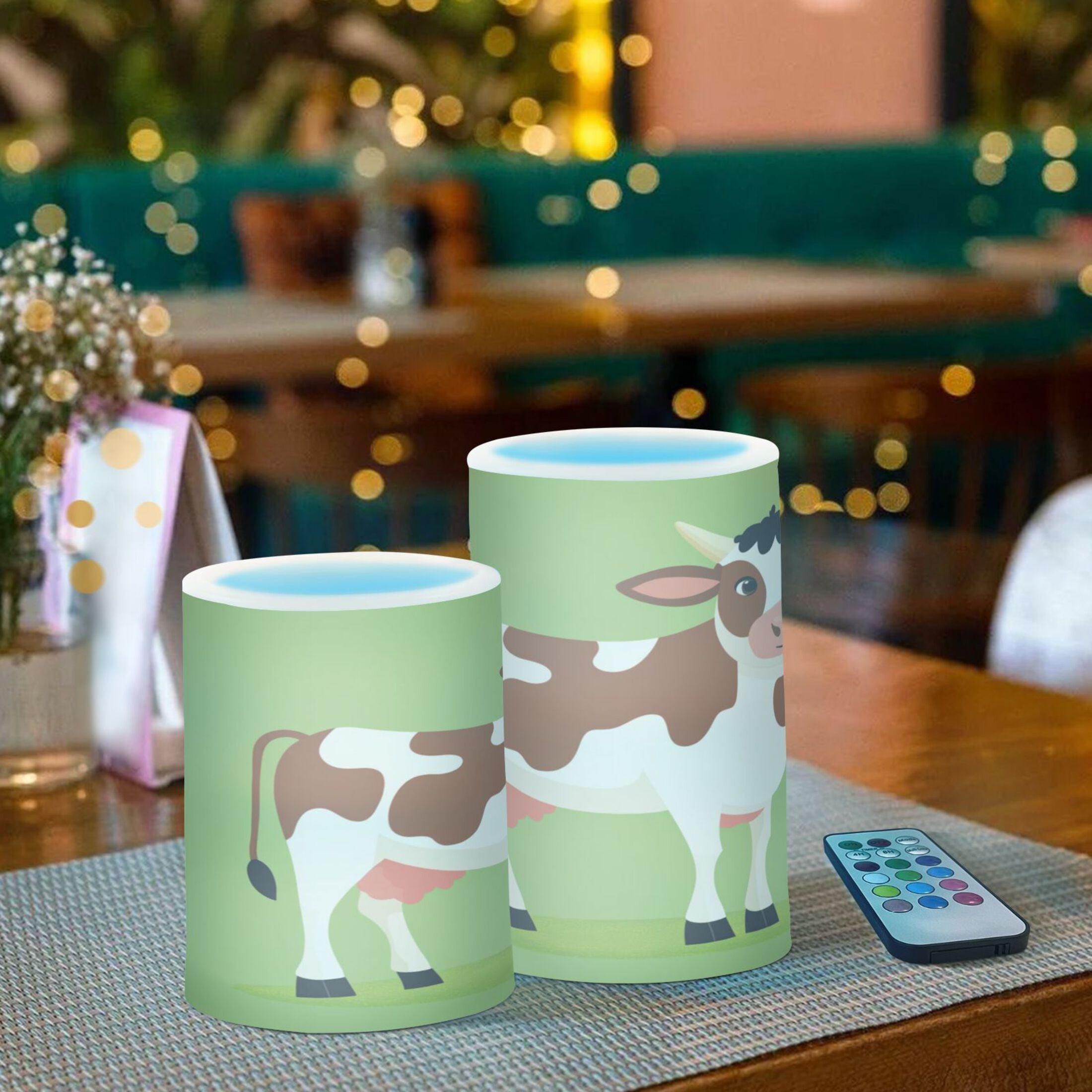 Flameless Candles Lights, Pack of two LED Lights, Dimmable LED Pillar Candles Battery Operated, Flames Remote Control A Brown and White Cow