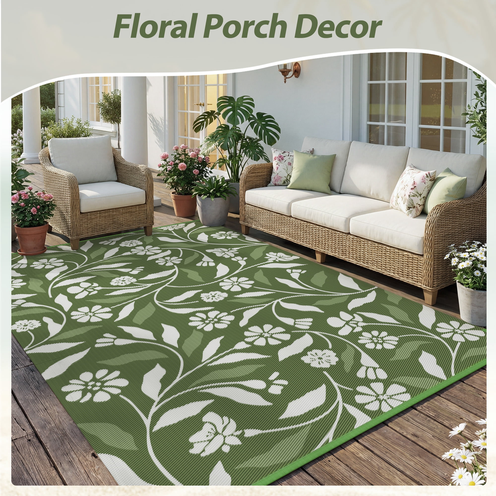 SIXHOME Outdoor Rug 5'x8' Waterproof Reversible Patio Rug Boho Geometric Indoor Outdoor Rugs Lightweight Plastic Straw Ourdoor Carpet for RV Camping Deck Balcony Modern Porch Decor Green