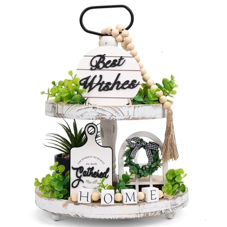 Rustic Farmhouse 14PCS Tiered Tray Decor Set, Wooden Signs & Faux Greenery for Kitchen/Tabletop Home Decor, Vintage Distressed Style (Tray Not Included)