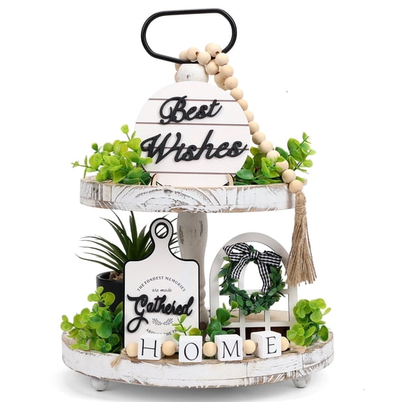 Rustic Farmhouse 14PCS Tiered Tray Decor Set, Wooden Signs & Faux Greenery for Kitchen/Tabletop Home Decor, Vintage Distressed Style (Tray Not Included)