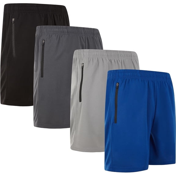 Essential Elements Mens Modern Fit Active Shorts with Zipper Pockets - 4 Pack, Moisture-Wicking, Quick-Dry Running Shorts